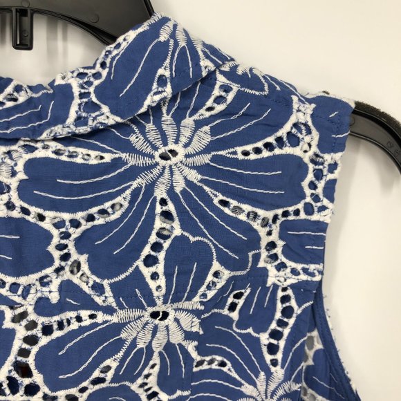 Anne Klein Top Size XS Womens Blue White Floral Eyelet Embroidered Cotton Tank T - Picture 8 of 9